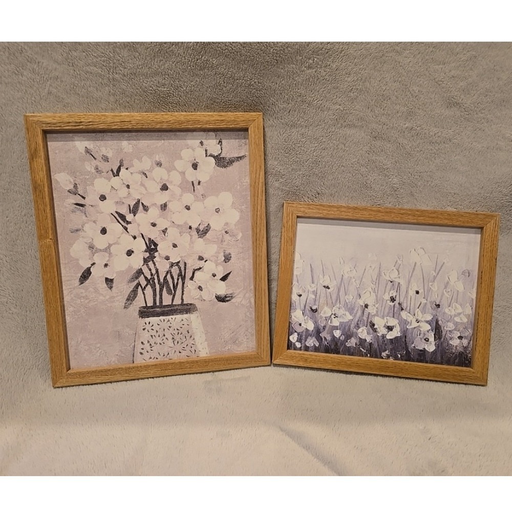 Hobby Lobby Floral Framed Wall Art Set 2 Purple White Flowers Wood Grain Frames